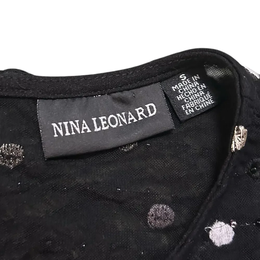 Nina Leonard Sz S Dress Black Crepe Midi Beaded Sheer Short Sleeve Round Neck - Picture 7 of 14